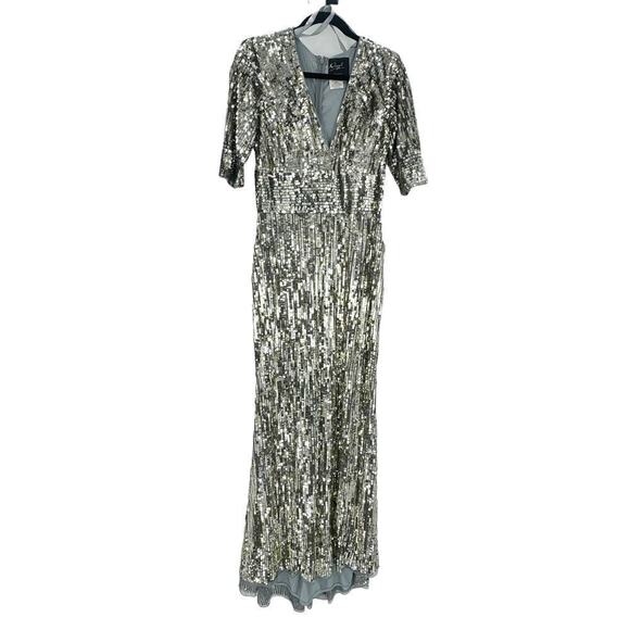Mac Duggal Platinum Gold Silver Sequined V Neck Gown Dress Size 10 NWT - Picture 5 of 12